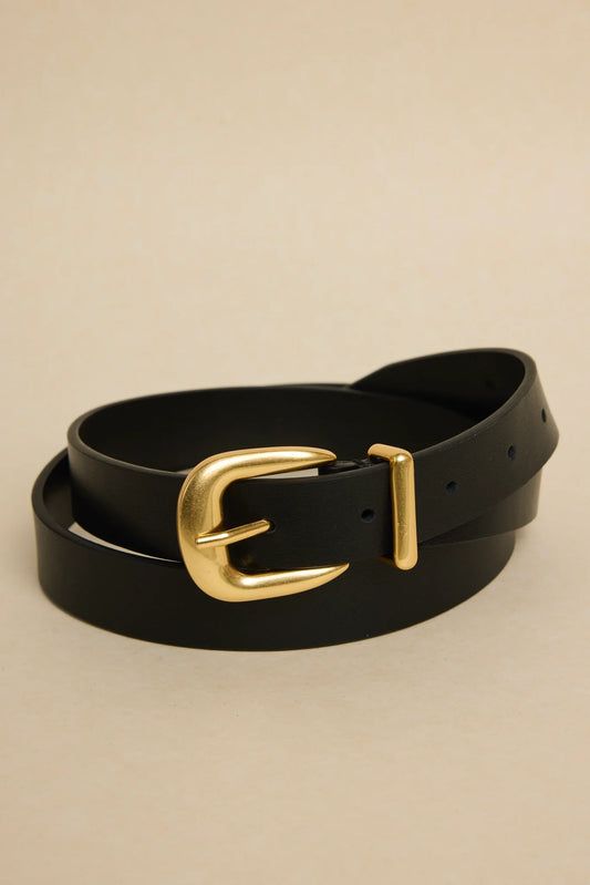 AMONG THE BRAVE GOLD BUCKLE LEATHER BELT - BLACK