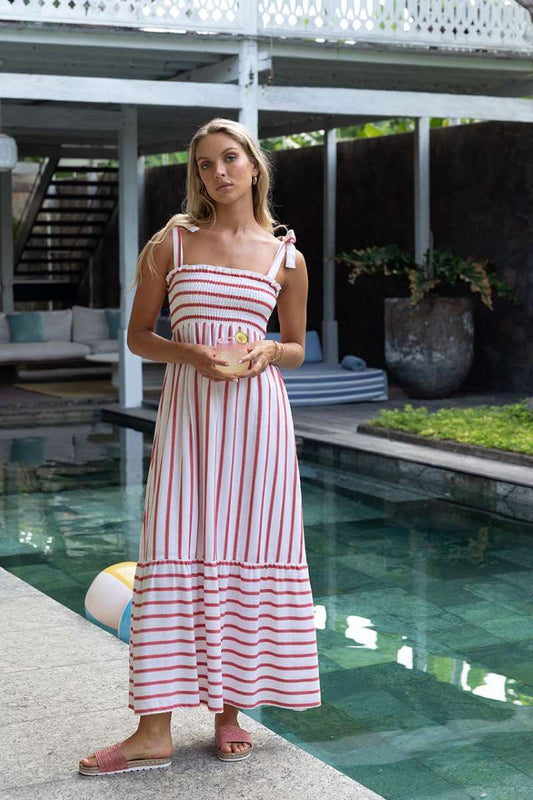HUMIDITY SANTOS SHIRRED DRESS - PINK STRIPE