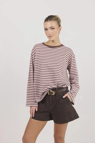 AMONG THE BRAVE - SHORE  L/S OVERSIZED TEE - Pink Mocha Stripe
