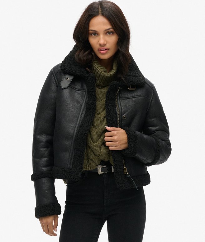 SUPERDRY FAUX SHEARLING CROP JACKET - Black